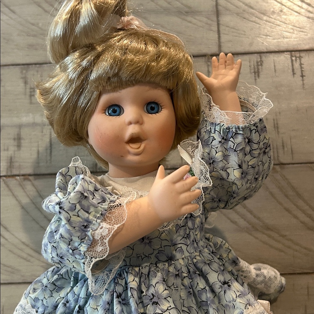 Collectible Porcelain Blonde Doll with Music Box  Lace Trimmed Dress & Bloomers